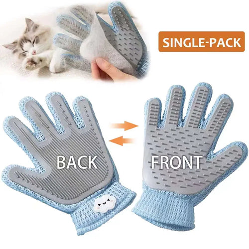 grooming glove removing loose fur from a happy dog's back